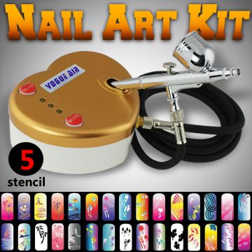 New 5 Nail Stencil Sheet Dual Action Airbrush Kit Air Compressor Hobby 