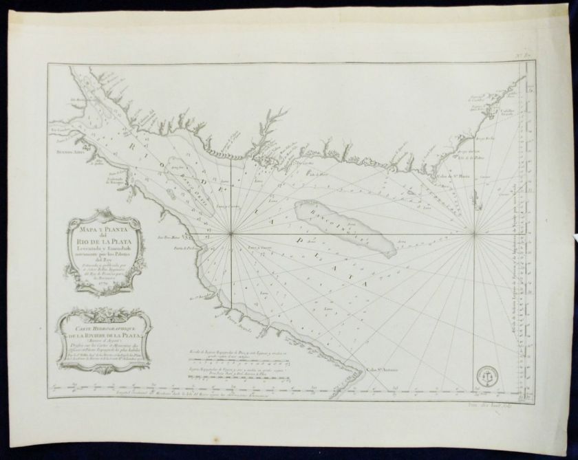 MAPA DEL RIO DE LA PLATA 1770 BELLIN, LARGE FORMAT MAP OF THE RIVER 