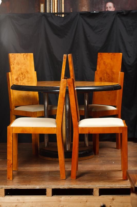 Art Deco Walnut Dining Table Chair Set Vintage Modernist  