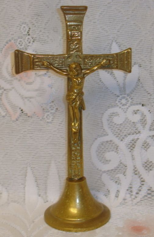 Antique Solid Brass Christian Crucifix Table / Shelf  