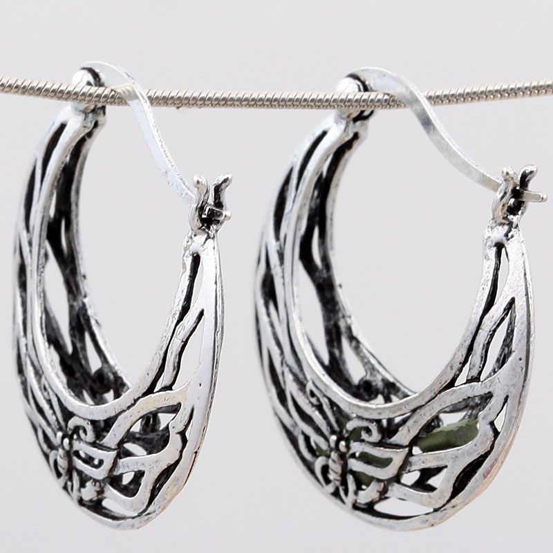 Tibetan Silver Sickle Moon W/ Butterfly Hoop Earrings  