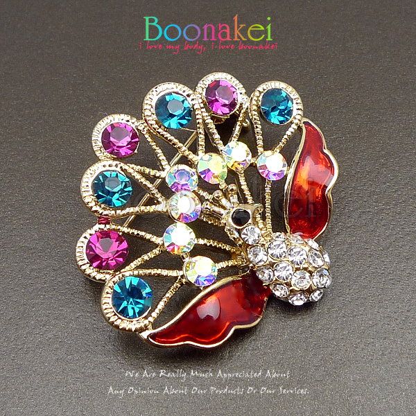 Cute Peacock w Teal Pink Swarovski Crystal Brooch Pin J039  